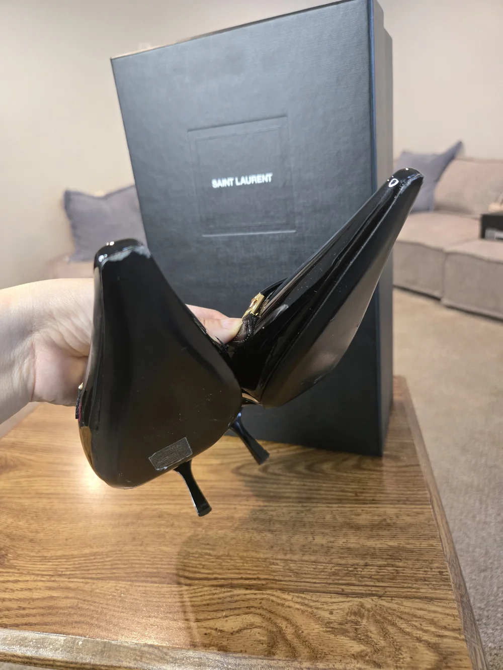 Saint Laurent Black Patent Slingback Pumps with Gold Accent - Picture 6 of 11